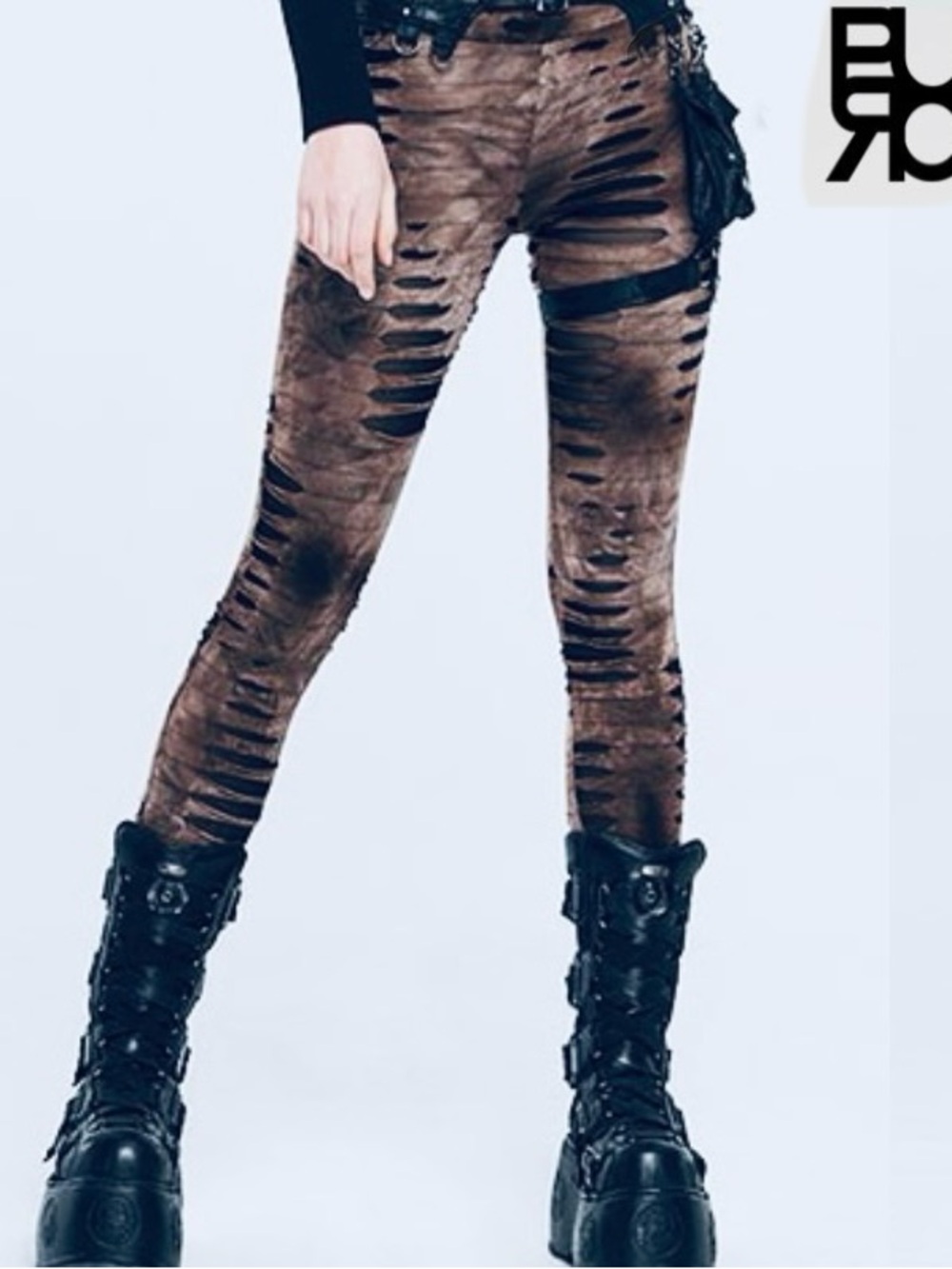 PUNK RAVE Women’s Brown/Black Shredded Leggings XL Goth Grunge Destroyed Ripped